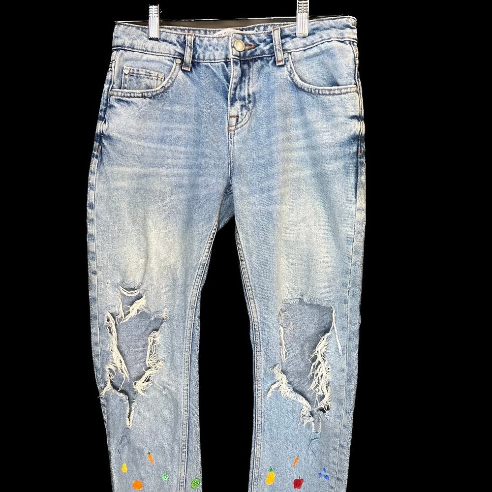 Hand Painted Distressed Jeans White Fade Wide Leg